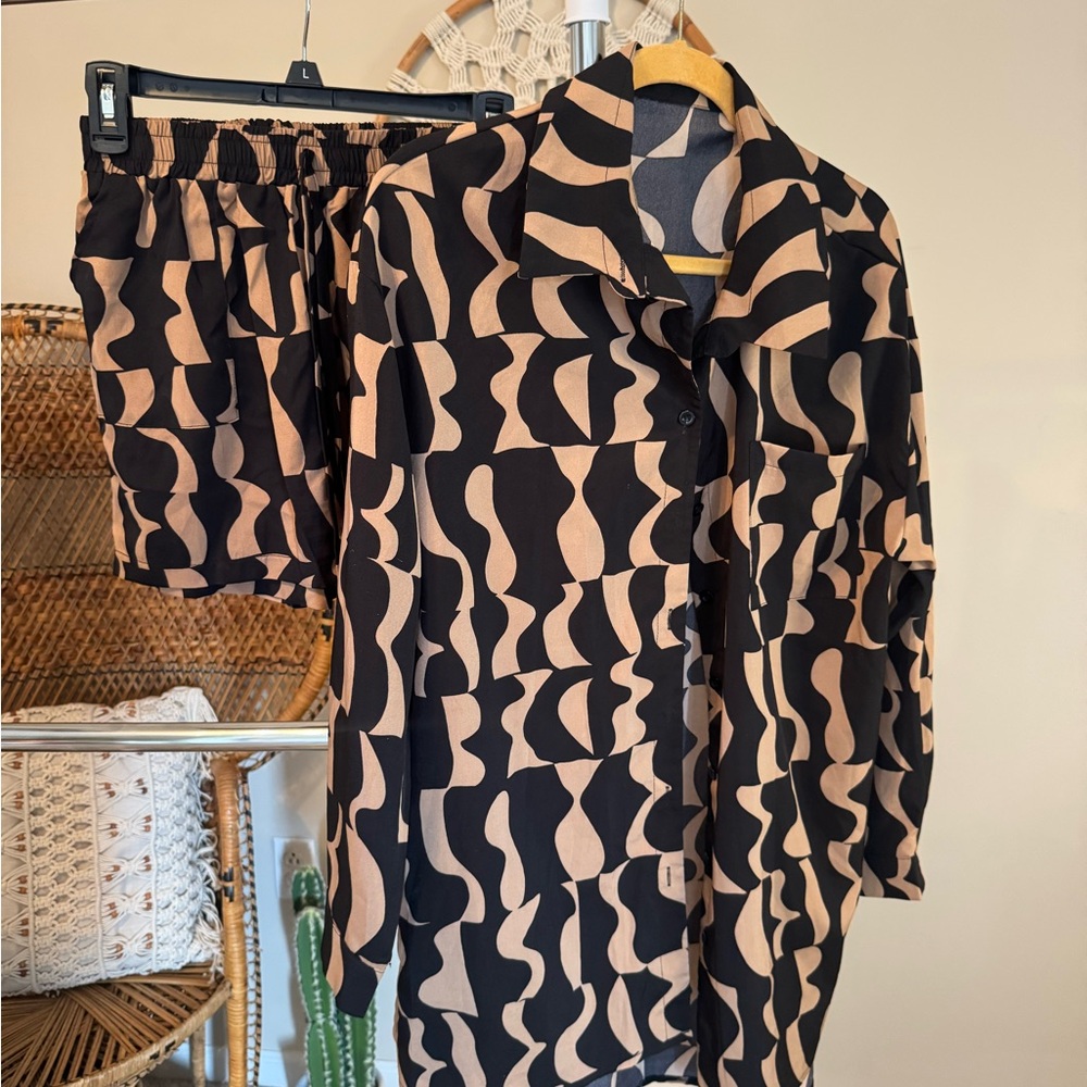 Black and Tan Geometric Pattern Shirt and Shorts Set